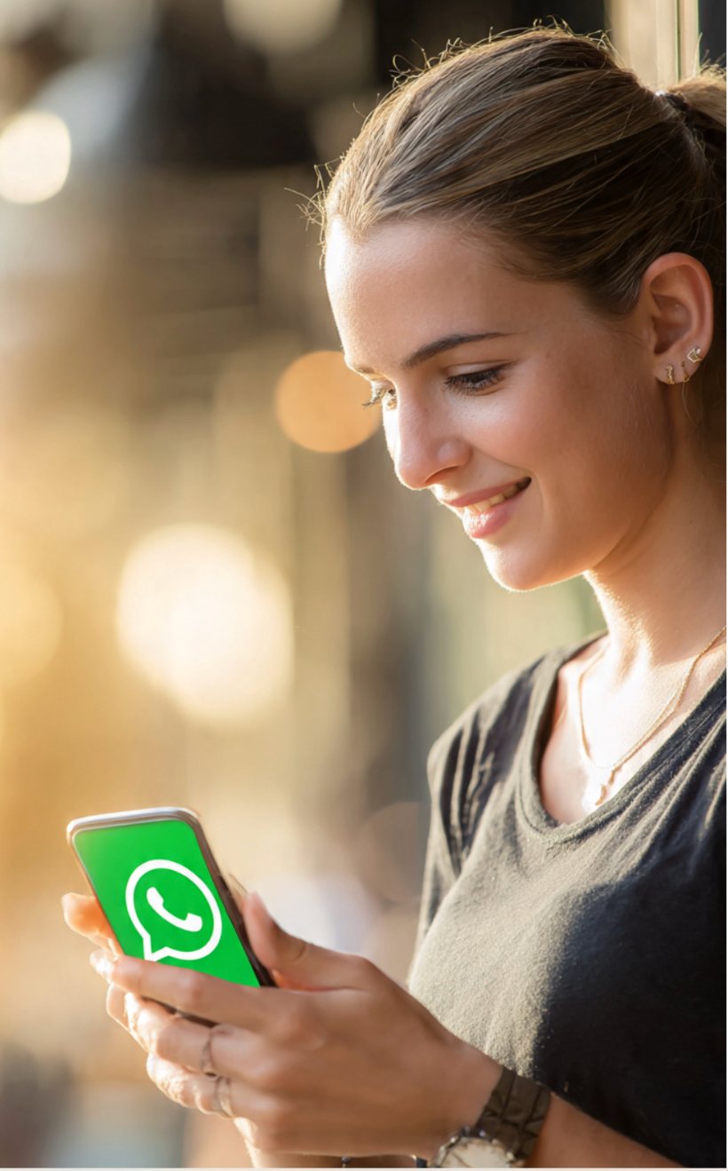 Small business owner holding her phone with WhatsApp open
